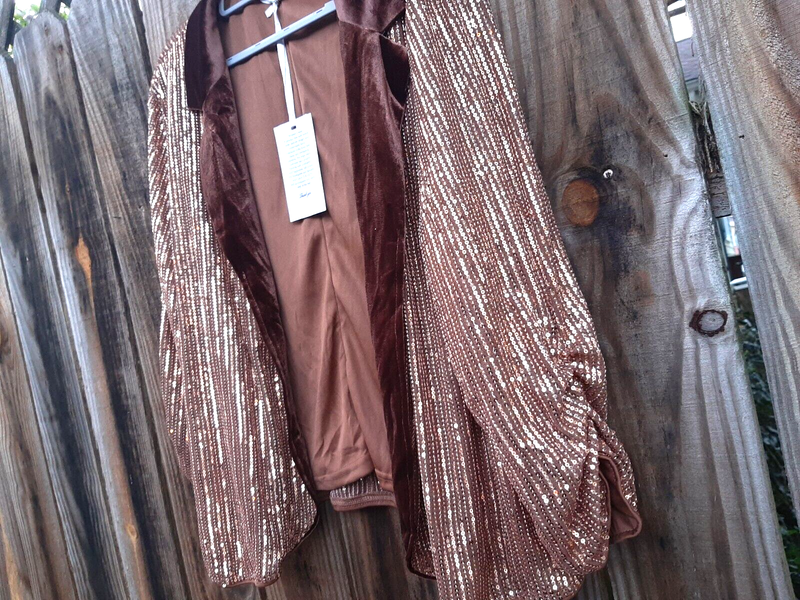 Grace Sequin Blazer Sparkly Sequin Ruched Cardigan 3/4 Sleeve Velvet Brown Gold