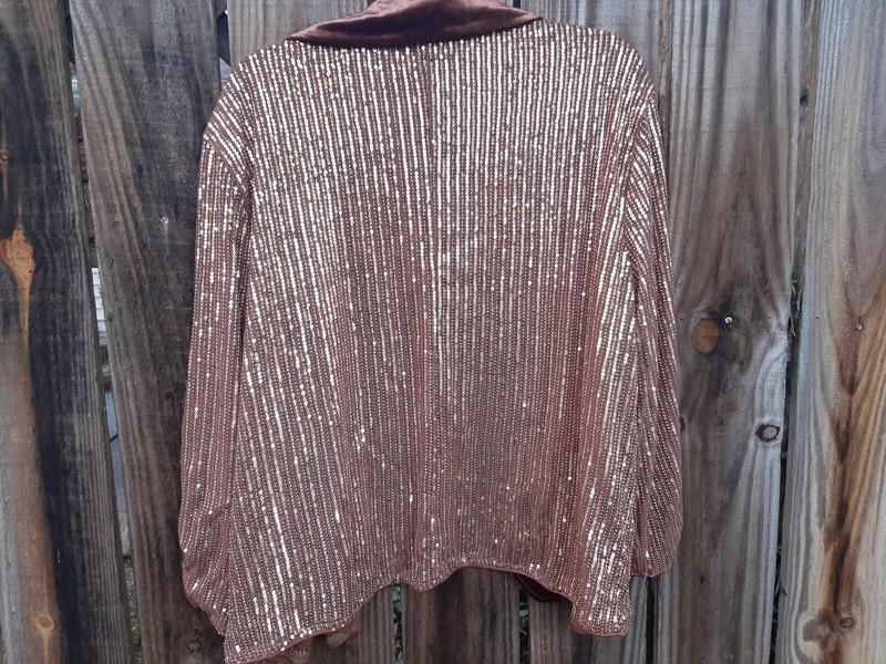 Grace Sequin Blazer Sparkly Sequin Ruched Cardigan 3/4 Sleeve Velvet Brown Gold