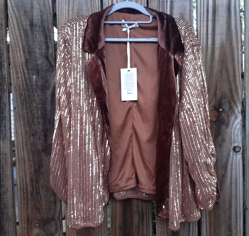 Grace Sequin Blazer Sparkly Sequin Ruched Cardigan 3/4 Sleeve Velvet Brown Gold