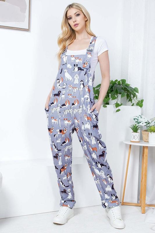 Gray Dog Print Overall Jumpsuit Bib Colorful Comfy Casual Pet Puppy S-XL