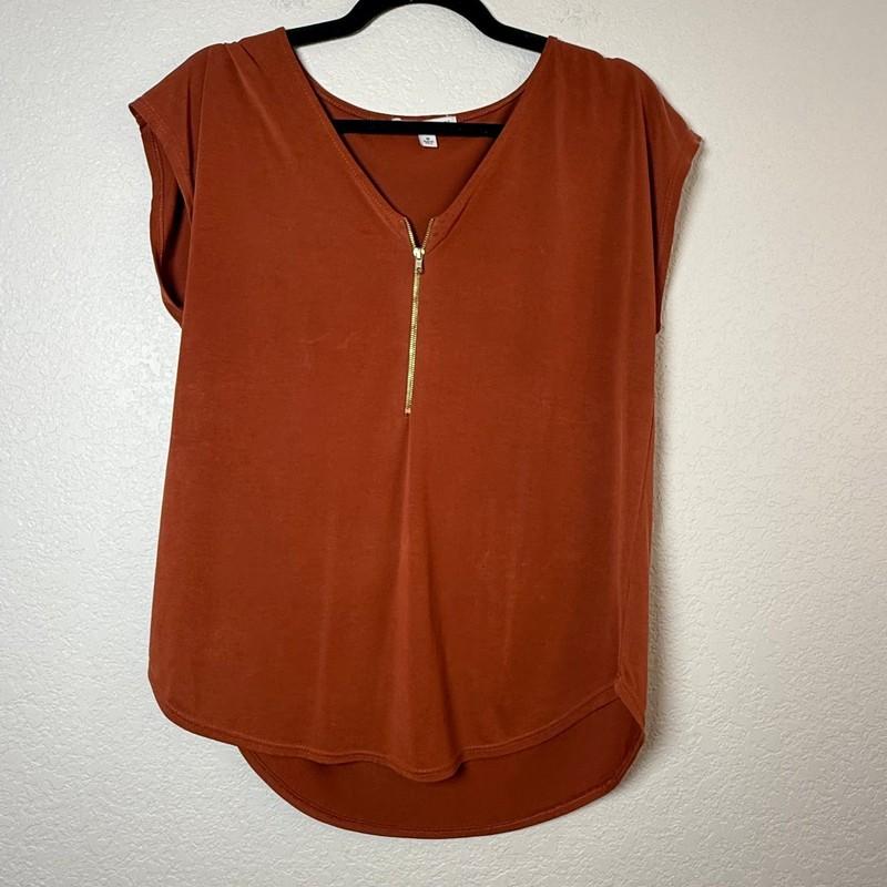 Green Envelope Los Angeles Rust V Neck Short Sleeve Zipper Tunic Top M