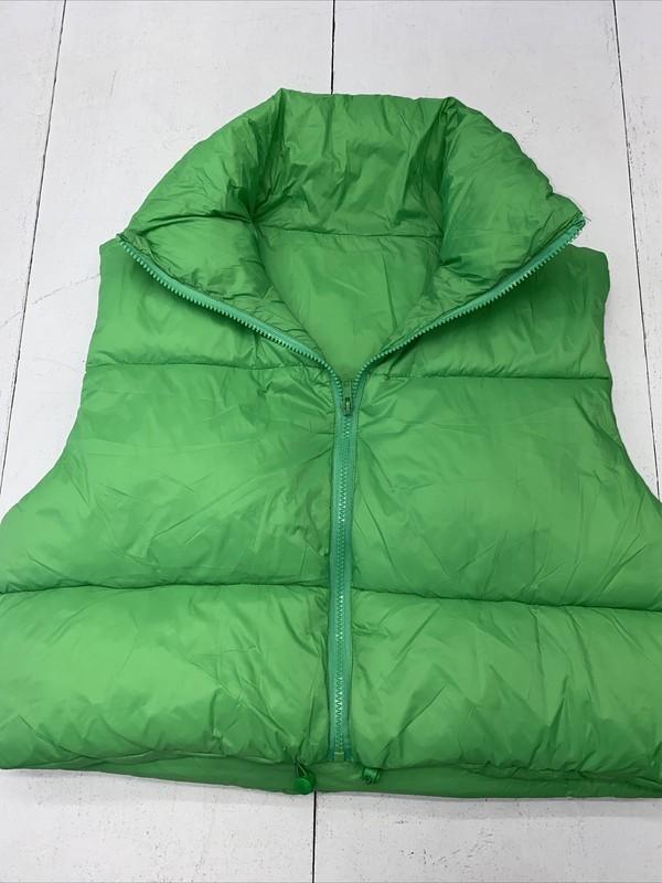 Green Zip Up Padded Collar Cropped Puffer Quilted Vest Jacket Women Size L New