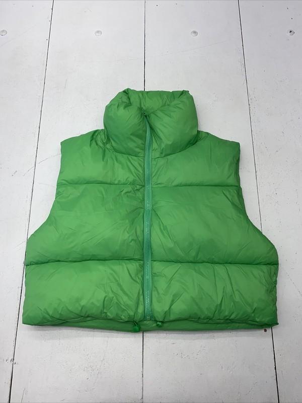 Green Zip Up Padded Collar Cropped Puffer Quilted Vest Jacket Women Size L New