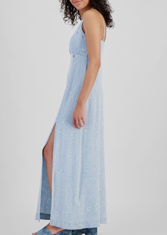 Guess Women's Blue Cruz Floral-Print Slit-Front V-Neck Denim Maxi Dress Size: XL