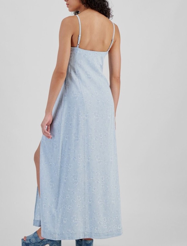 Guess Women's Blue Cruz Floral-Print Slit-Front V-Neck Denim Maxi Dress Size: XL