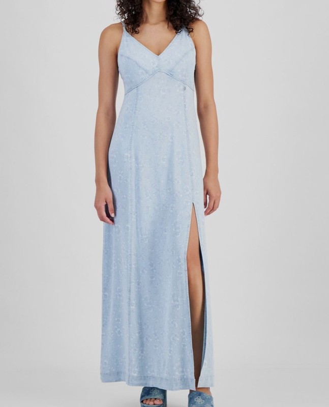 Guess Women's Blue Cruz Floral-Print Slit-Front V-Neck Denim Maxi Dress Size: XL