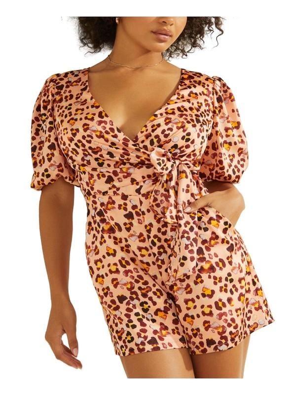 GUESS Womens Back Tie At Back And Wai Pouf Sleeve Faux Wrap Romper