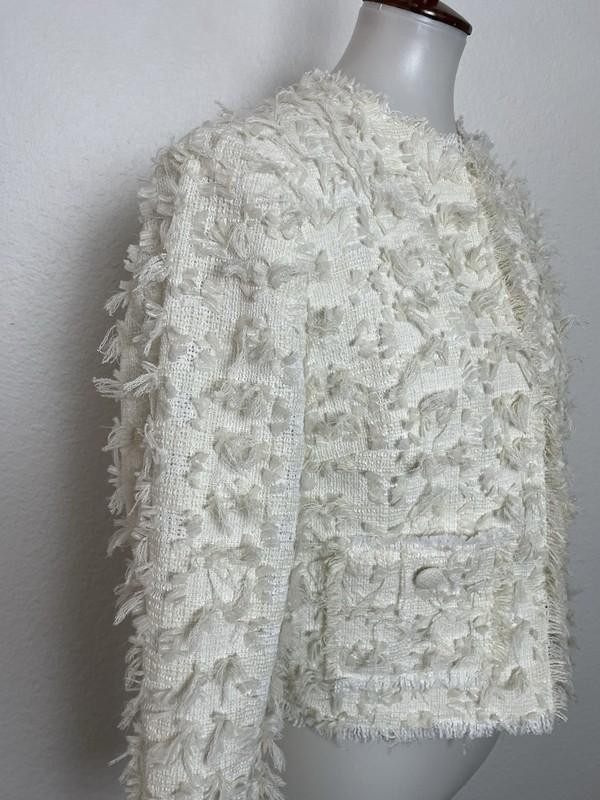 H&M Blazer Women Sz M Jacket Single Breast Textured Frayed Hem Ivory NWOT