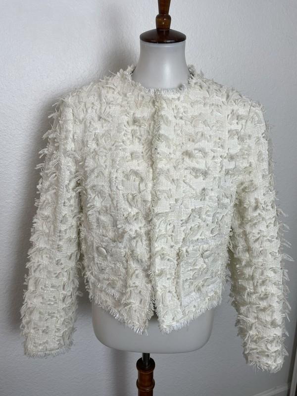 H&M Blazer Women Sz M Jacket Single Breast Textured Frayed Hem Ivory NWOT
