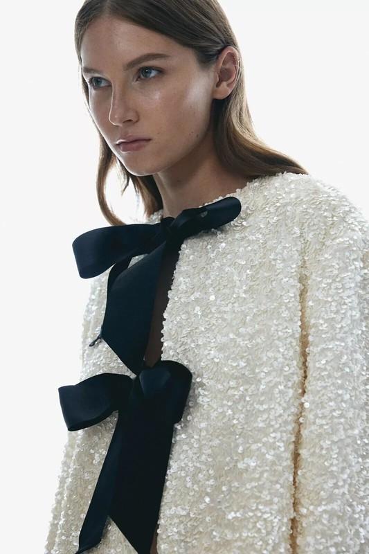 H&M Limited Edition Bow Front Sequin Jacket Cream White ALL SIZES AVAILABLE