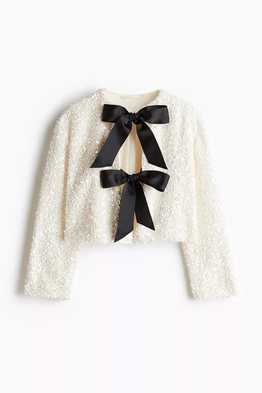 H&M Limited Edition Bow Front Sequin Jacket Cream White ALL SIZES AVAILABLE