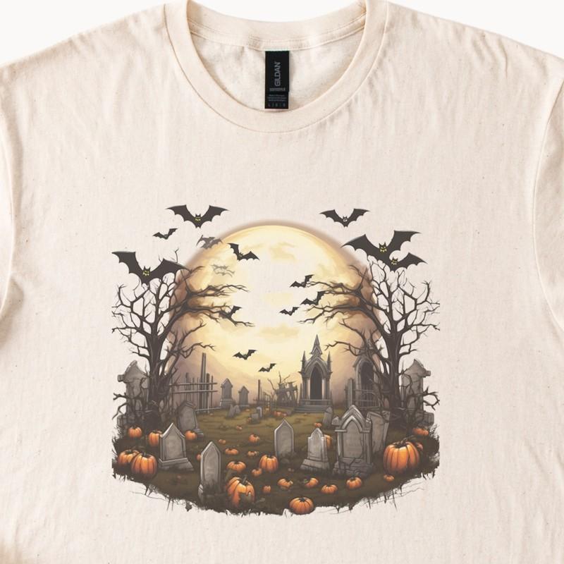 Halloween Graveyard T Shirt Spooky Cemetery Bats Full Moon Pumpkins Tee
