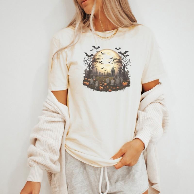 Halloween Graveyard T Shirt Spooky Cemetery Bats Full Moon Pumpkins Tee