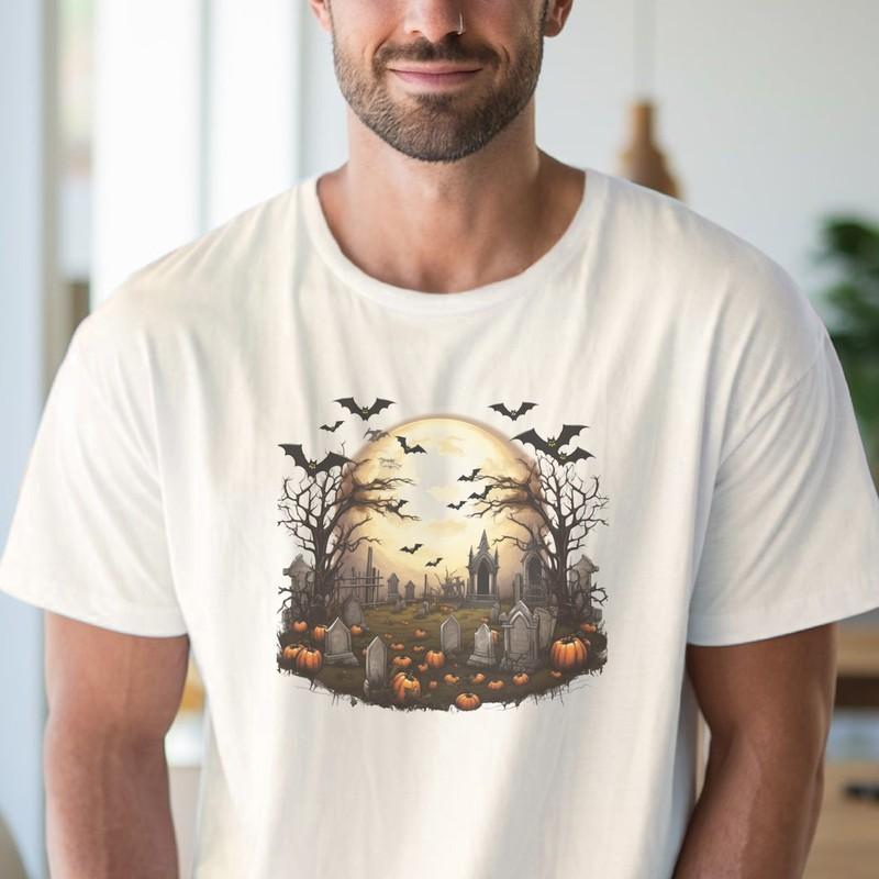 Halloween Graveyard T Shirt Spooky Cemetery Bats Full Moon Pumpkins Tee