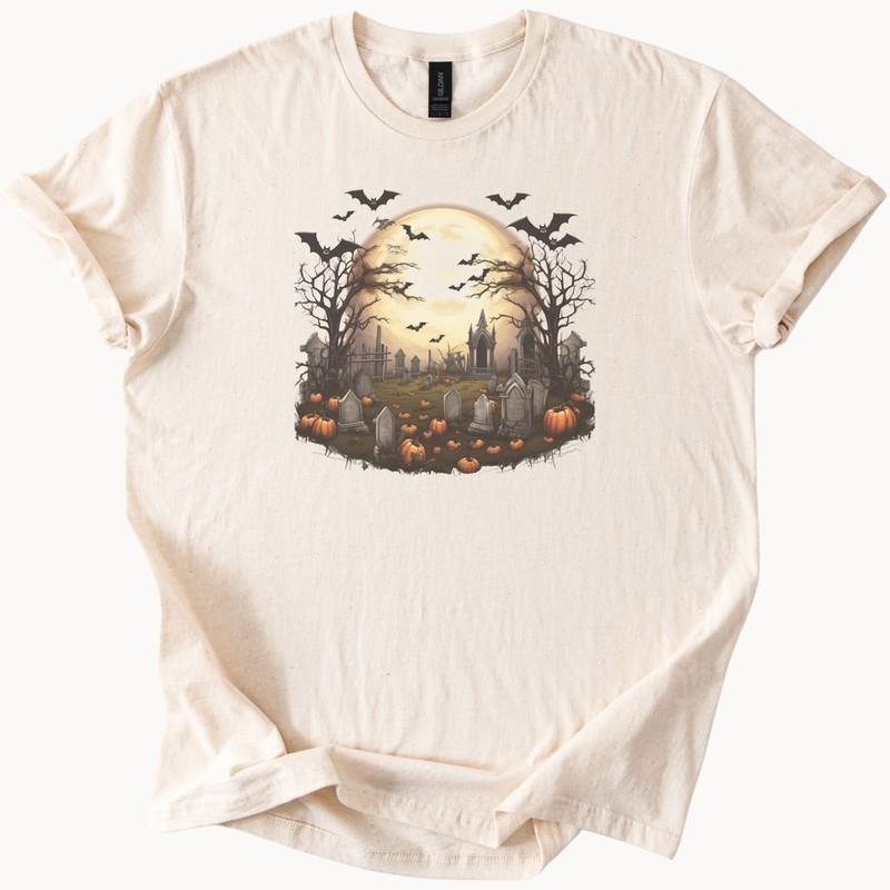 Halloween Graveyard T Shirt Spooky Cemetery Bats Full Moon Pumpkins Tee