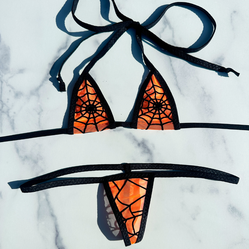 Halloween Spider Web Extreme Micro G-String Bikini Set Orange Mesh See Through