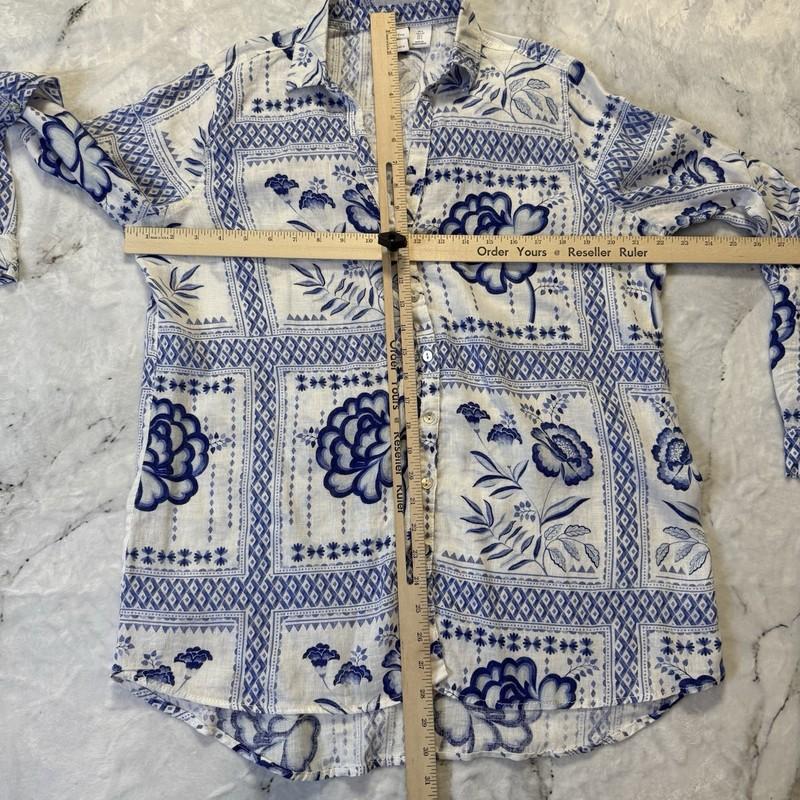 Halston Shirt Womens Size L Blue Floral Botanical Beach Summer Linen Button Up