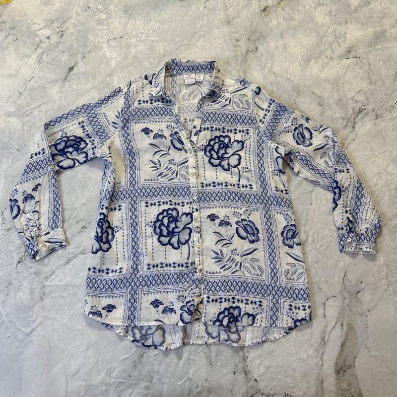 Halston Shirt Womens Size L Blue Floral Botanical Beach Summer Linen Button Up