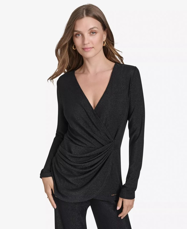 Halston Women's Top Sz L Metallic-Knit Surplice-Draped