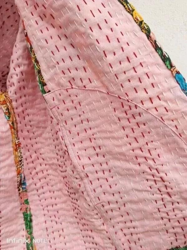 Handmade Kantha Jacket Quilted Short Kimono Women Wear White Frida Khalo Pink