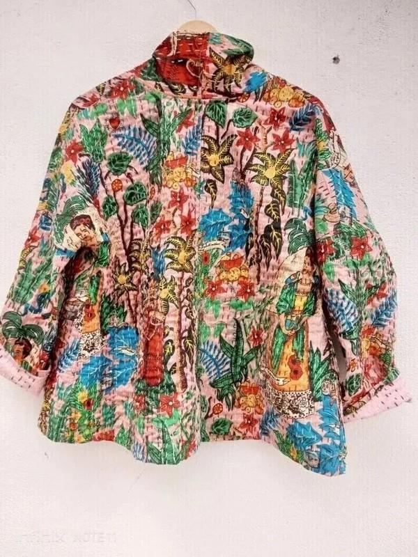 Handmade Kantha Jacket Quilted Short Kimono Women Wear White Frida Khalo Pink