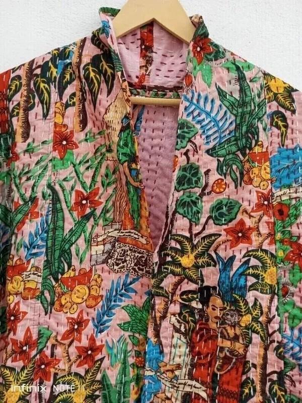 Handmade Kantha Jacket Quilted Short Kimono Women Wear White Frida Khalo Pink