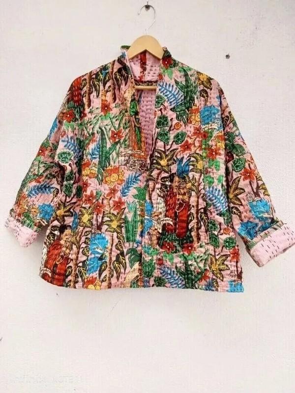 Handmade Kantha Jacket Quilted Short Kimono Women Wear White Frida Khalo pink