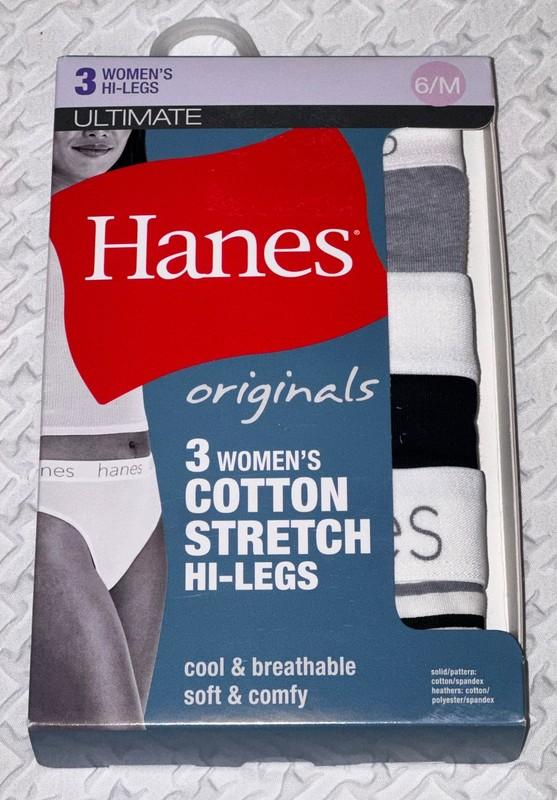 HANES 3 Pk Ultimate Stretch Cotton Grey Black White Hi Legs Panty Women M 6 XL 8