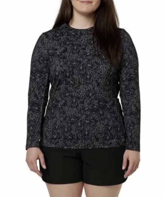 Hang Ten Women’s Black Floral Print Long Sleeve UPF 50+ Zip Pocket T-Shirt S L