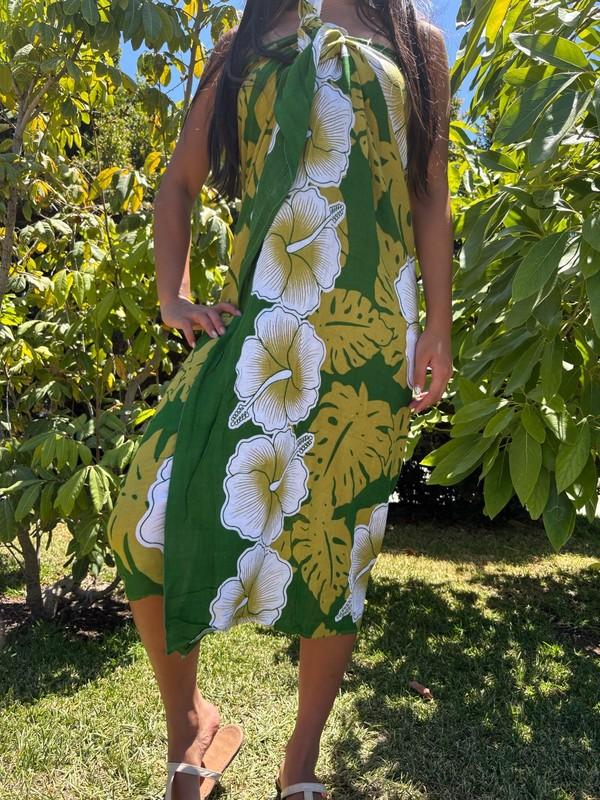 Hawaiian Design Sarong Green Yellow Tribal Hibiscus Wrap Beach Pareo Dress