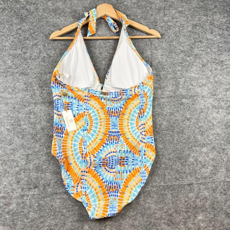 Helen Jon Keyhole One Piece Swimsuit Sz L Orange Blue Geometric Mosaic NWT $144