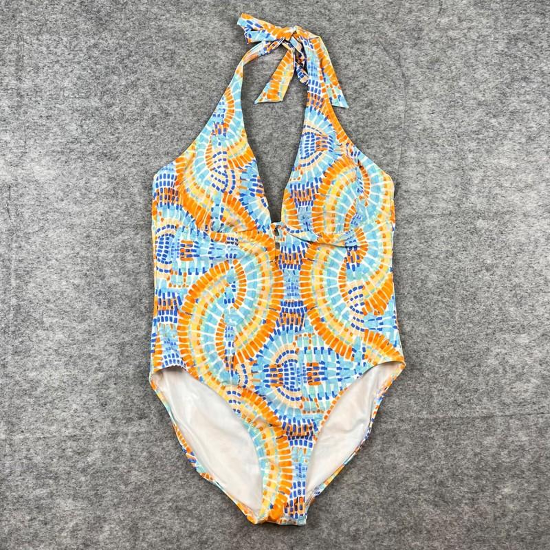Helen Jon Keyhole One Piece Swimsuit Sz L Orange Blue Geometric Mosaic NWT $144