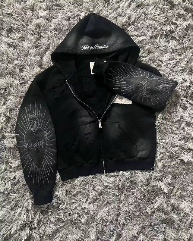 Hell In Paradise Patchwork Gothic Zip Up Hoodie Streetwear Hooded Jacket Men's
