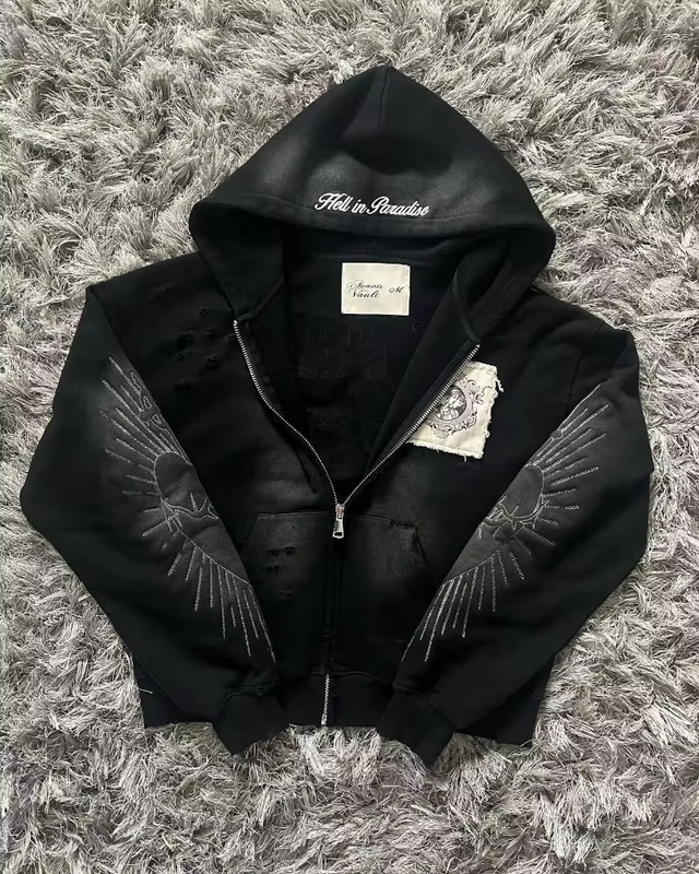 Hell In Paradise Patchwork Gothic Zip Up Hoodie Streetwear Hooded Jacket Men's