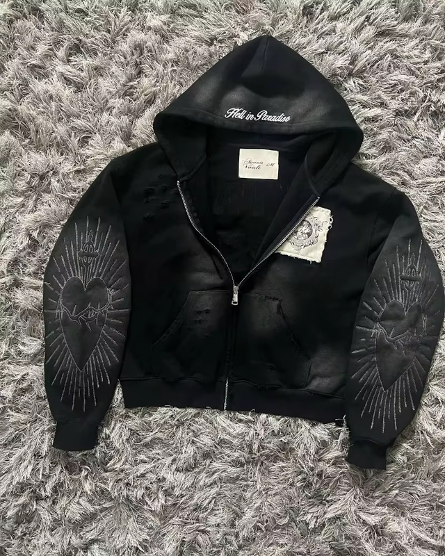 Hell in Paradise Patchwork Gothic Zip Up Hoodie Streetwear Hooded Jacket Men's