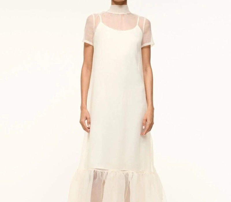High Neck White Organza Maxi Dress With Ruffle Hem Bridal & Bridesmaid Wedding