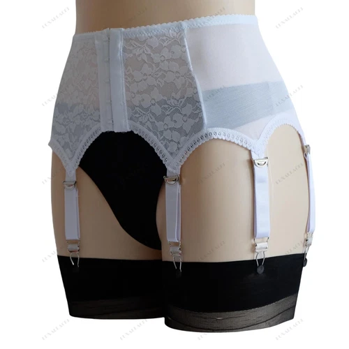 High-Waist Mesh Lace Patchwork Garter Belt 6 Straps Suspender Metal Clips Girdle