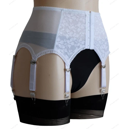 High-Waist Mesh Lace Patchwork Garter Belt 6 Straps Suspender Metal Clips Girdle
