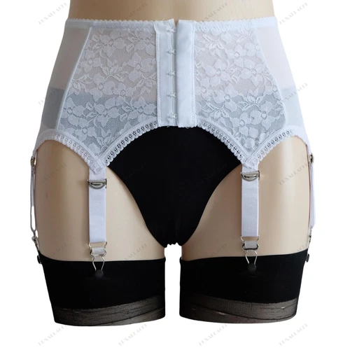 High-Waist Mesh Lace Patchwork Garter Belt 6 Straps Suspender Metal Clips Girdle