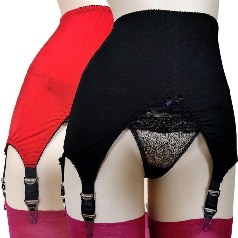 High Waist Women Open Bottom Shaping Girdle Garter Belt W 6 Claws Lace Patchwork