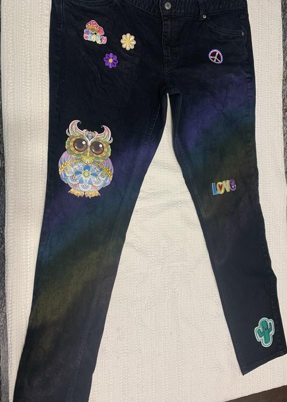 Hippie Skinny Jeans Black Women’s Size 18 Mandala Owl Groovy Peace Love Repurpos