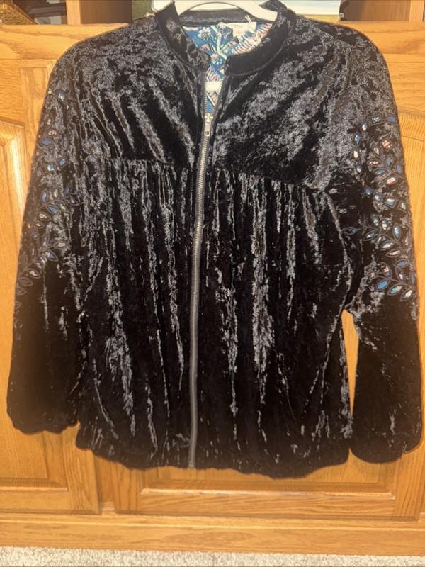Hobo Black Crushed Velvet Jacket Cut Out Teal Contrast Sleeves Zip Bomber Fest