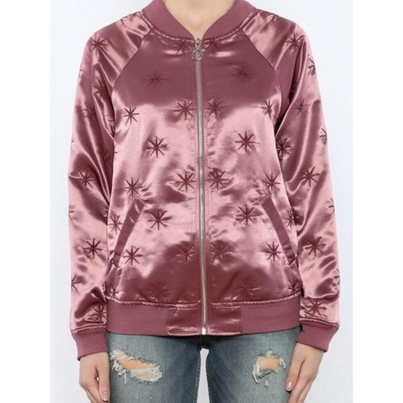 Honey Punch Women's Med Embroidered Stars Satin Bomber Jacket Mauve New PacSun