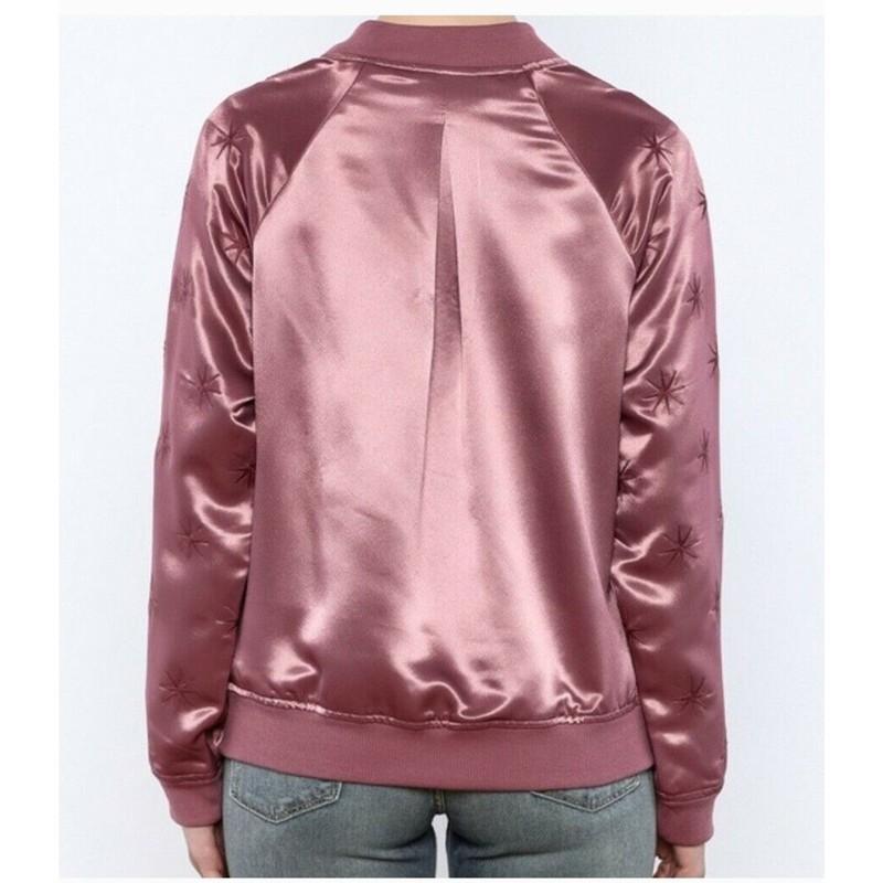 Honey Punch Women's Med Embroidered Stars Satin Bomber Jacket Mauve New PacSun