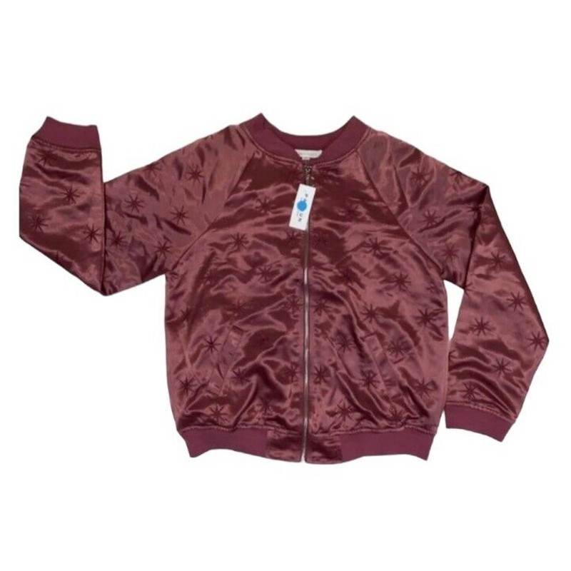 Honey Punch Women's Med Embroidered Stars Satin Bomber Jacket Mauve New PacSun