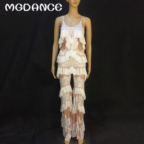 Hot Sale Women Tassel Leggings Rompers Backless Jumpsuit Nightclub Show Costume