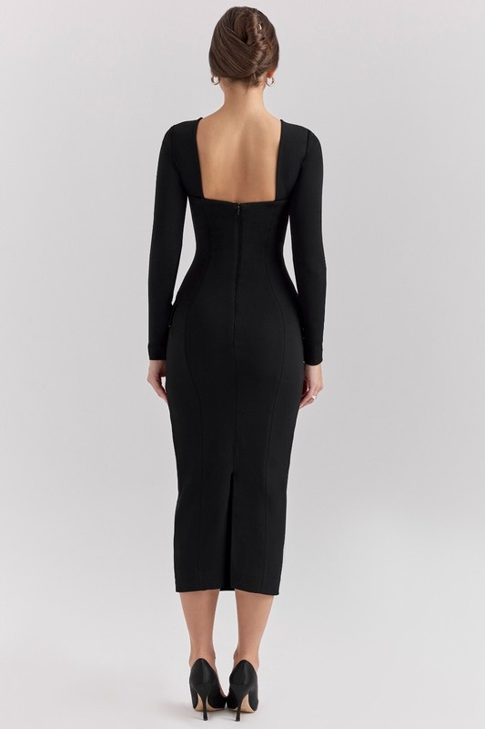 HOUSE OF CB 'Ella' Black Stretch Crepe Long Sleeve Midi Dress M 10/12 3999