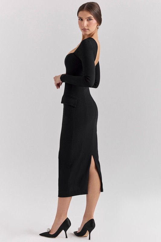 HOUSE OF CB 'Ella' Black Stretch Crepe Long Sleeve Midi Dress M 10/12 3999