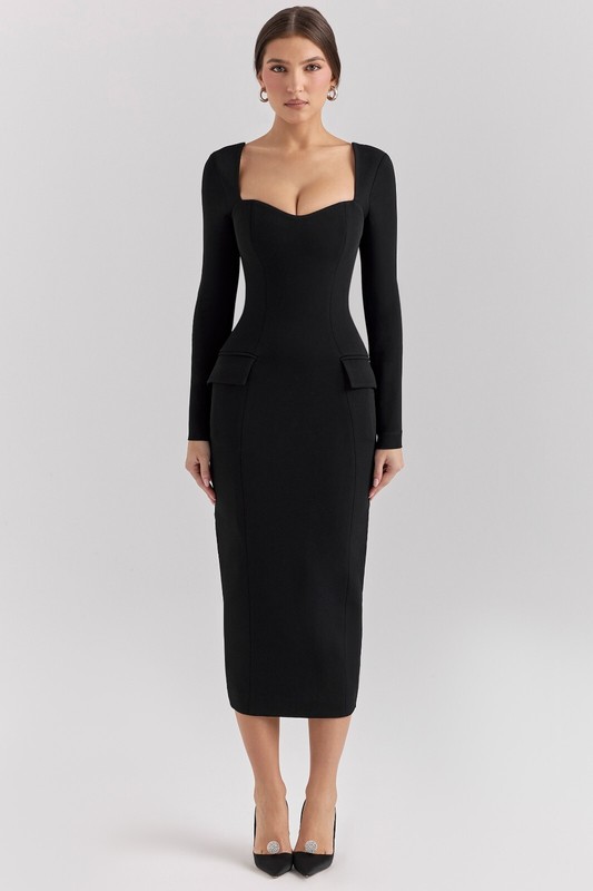 HOUSE OF CB 'Ella' Black Stretch Crepe Long Sleeve Midi Dress M 10/12 3999