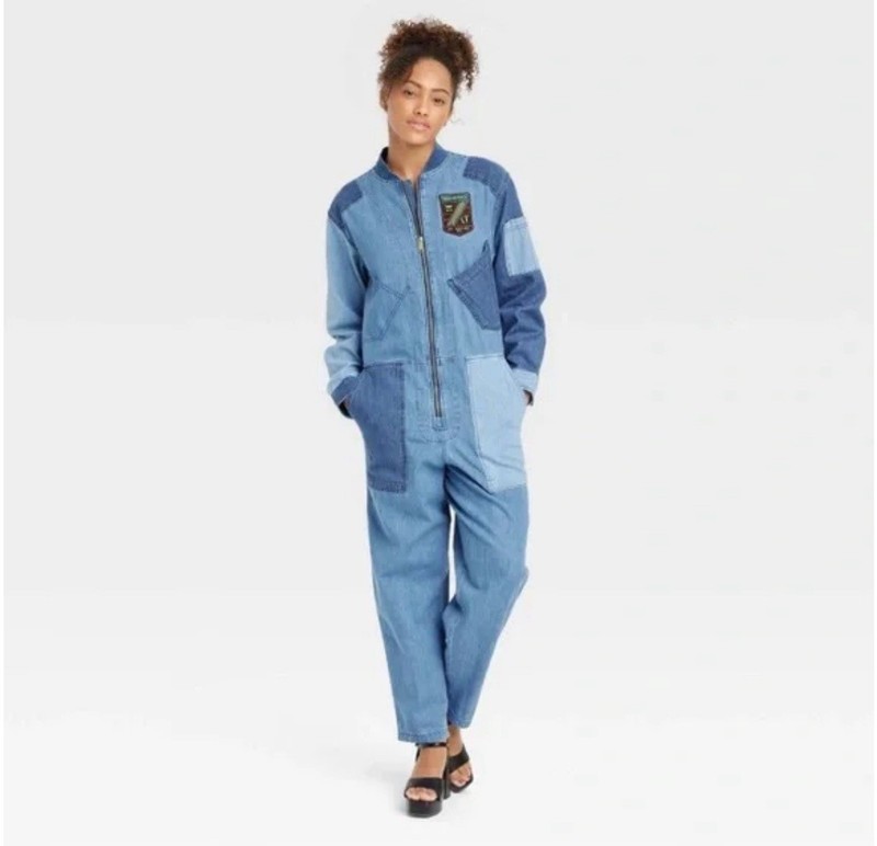 Houston White x Target Blue Denim Patchwork Long Sleeve Jumpsuit One Piece XS